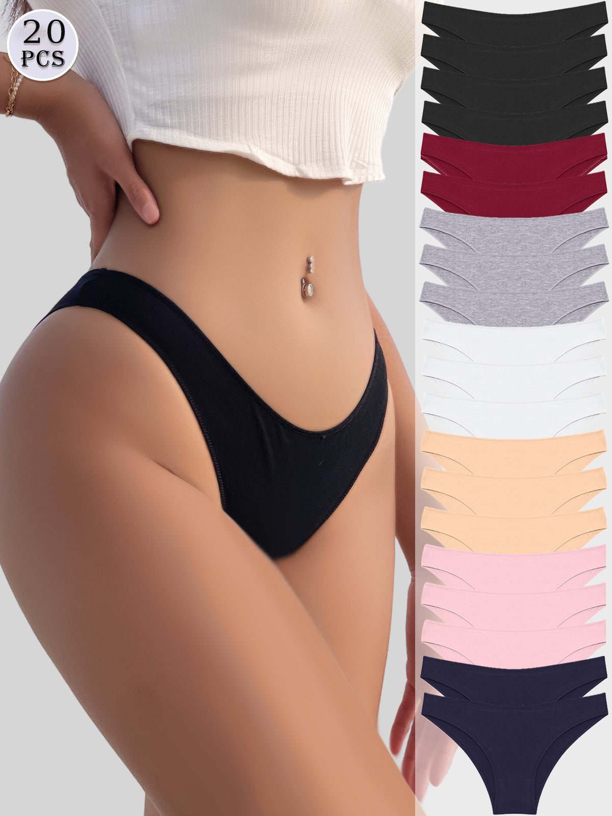 FINETOO 20 Pack Cotton Underwear for Women Cute Low Rise Bikini Panties High Cut Breathable Sexy Hipster Womens Cheeky S-XLed Outfits