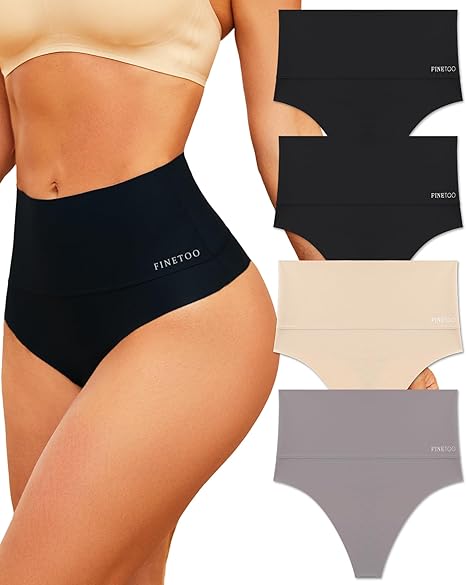 FINETOO Women Underwear High Waisted Thongs Tummy Control Seamless Thongs Shapewear No Show Panties 4 Pack S-3XL