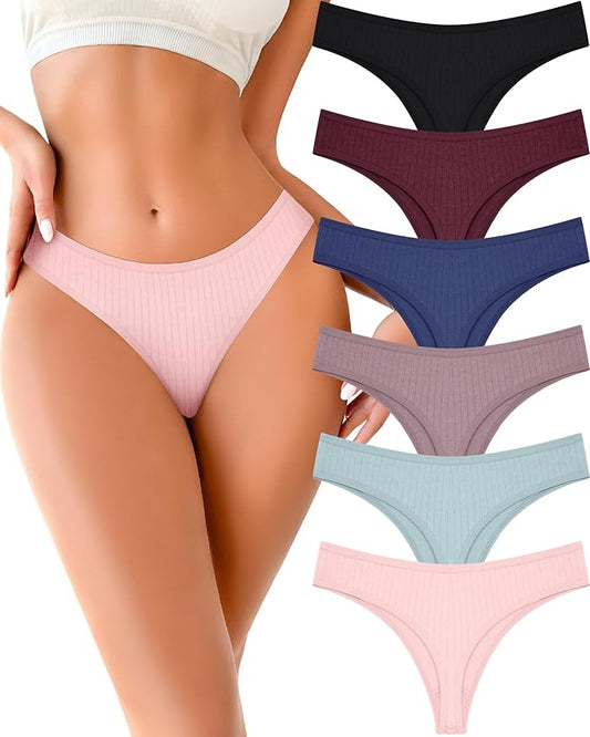 FINETOO Cotton Thongs for Women Soft Low Rise Sexy Thong Ladies Panties Womens Underwear 6 Pack XS-XXXL