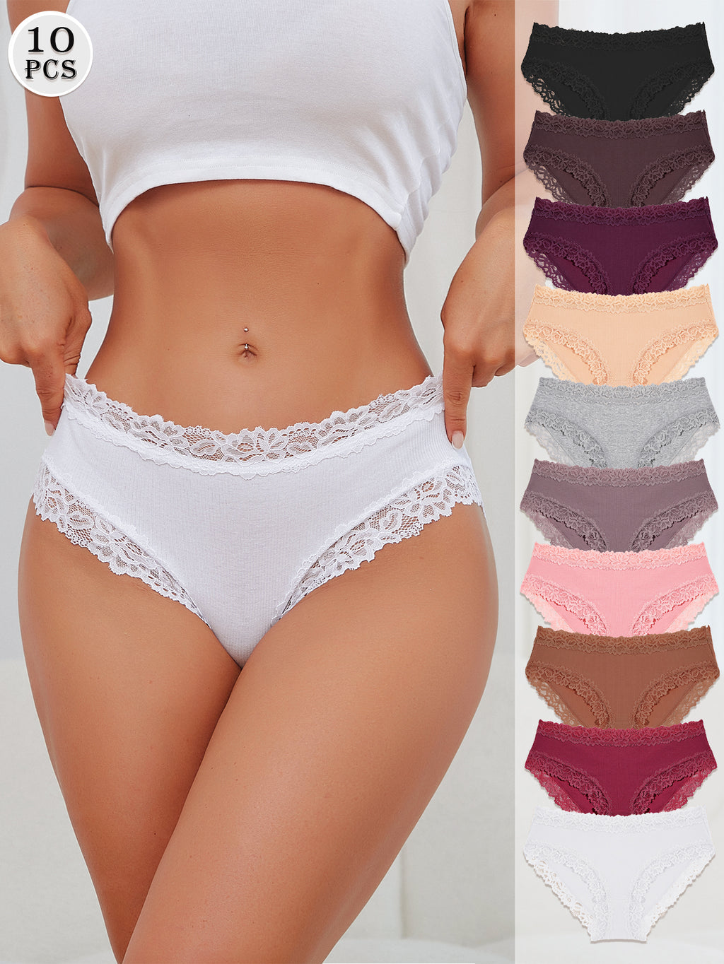 FINTOO Cotton Underwear Womens Sexy Lace Cheeky Low Rise Panties 10 Pack