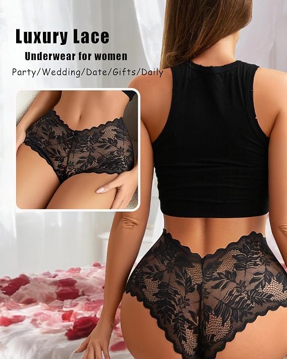 FINETOO 5 Pack Sexy Lingerie Panties for Women Pack V-Waist Lace Womens Underwear French Cut Boyshorts Panty