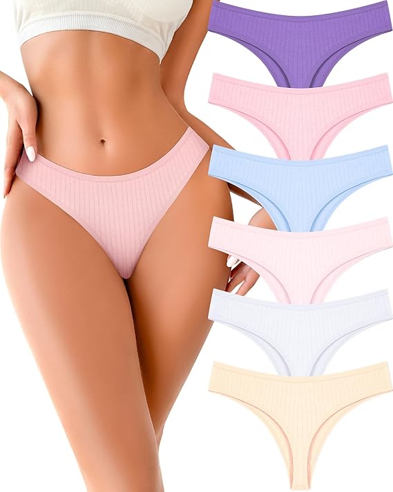 FINETOO Cotton Thongs for Women Soft Low Rise Sexy Thong Ladies Panties Womens Underwear 6 Pack XS-XXXL