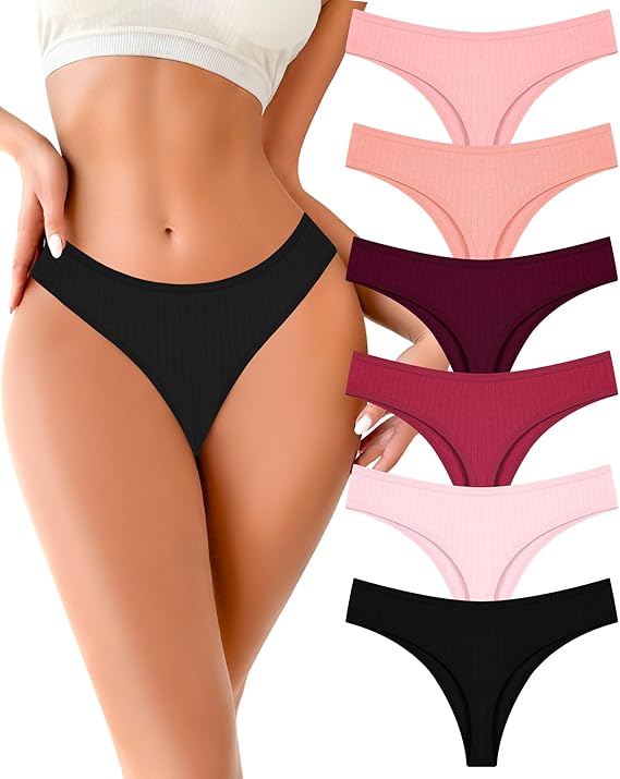 FINETOO Cotton Thongs for Women Soft Low Rise Sexy Thong Ladies Panties Womens Underwear 6 Pack XS-XXXL