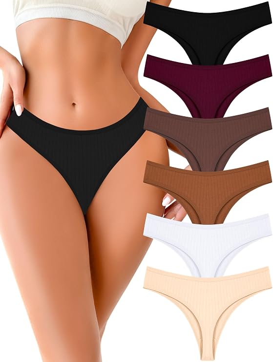 FINETOO Cotton Thongs for Women Soft Low Rise Sexy Thong Ladies Panties Womens Underwear 6 Pack XS-XXXL