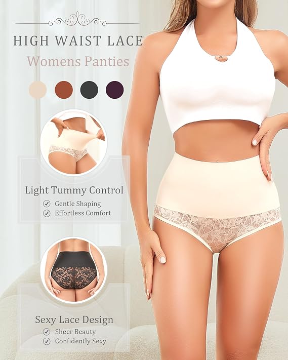 Shapewear for Women Tummy Control High Waisted Seamless Womens Underwear 4-Pack Sexy Lace Plus Size Panties