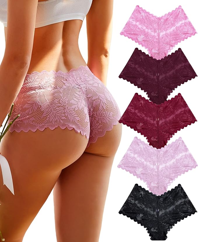 FINETOO 5 Pack Sexy Lingerie Panties for Women Pack V-Waist Lace Womens Underwear French Cut Boyshorts Panty