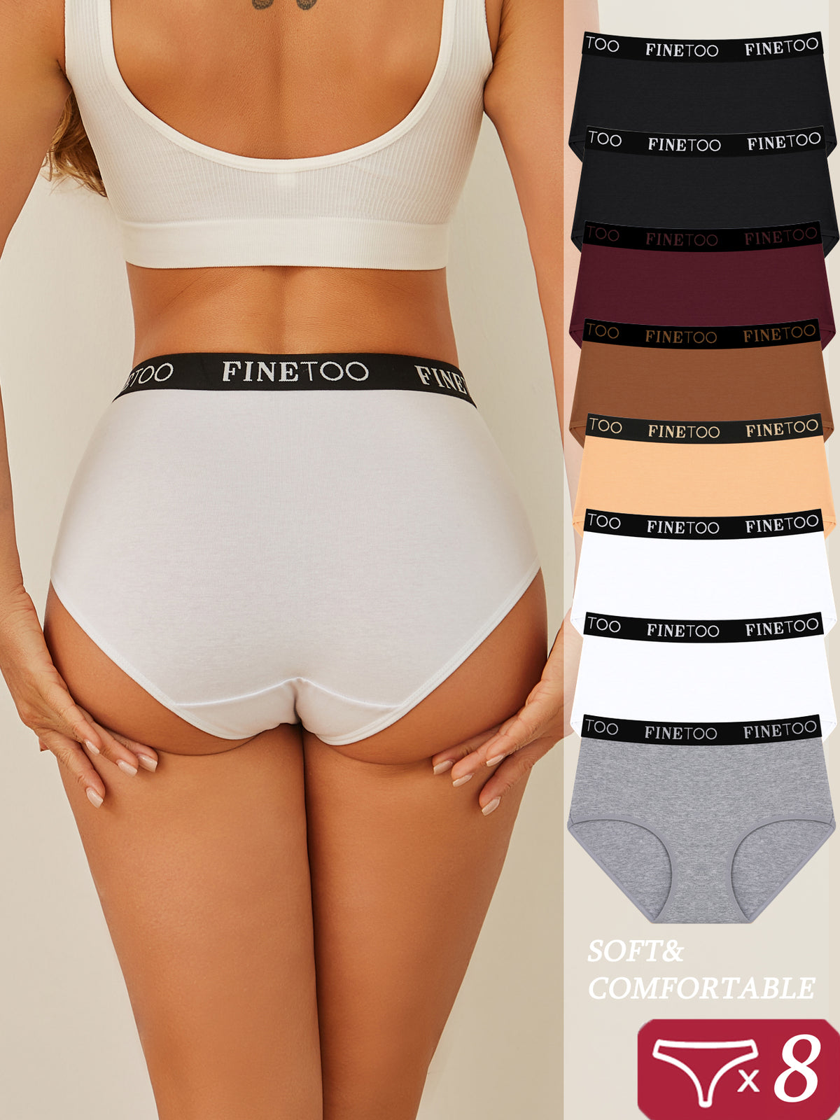 Fineoo High Waisted Cotton Underwear for Women Full Coverage Soft Briefs 8 Pack