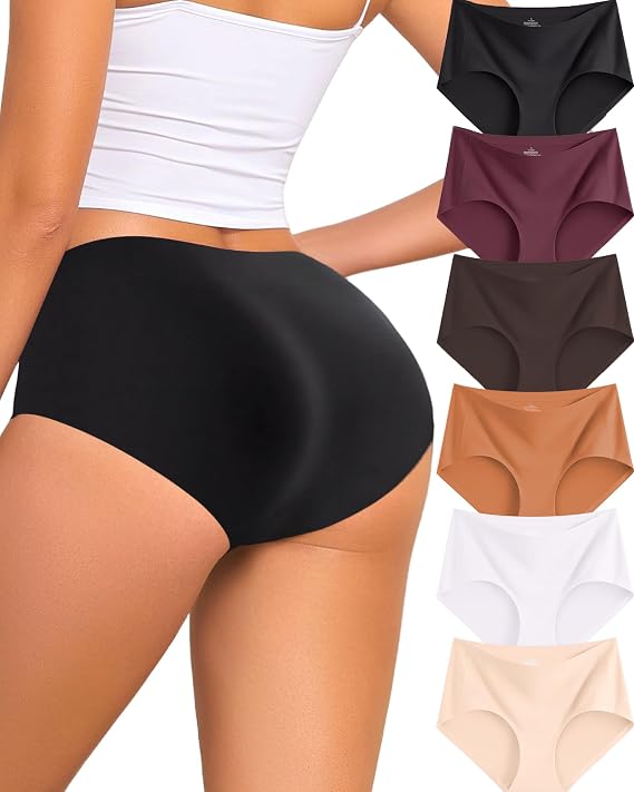 FINETOO 6 Pack Womens Seamless Underwear Full Coverage No Show Hipster Panties Sexy Stretchy Invisible Briefs Bikini Lingerie
