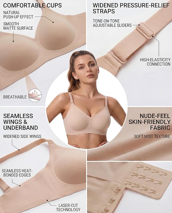 Finetoo Jelly Bras for Women Wireless Bra V Neck Seamless Push Up Full Coverage Bralette Tshirt Everyday Bra S-3XL