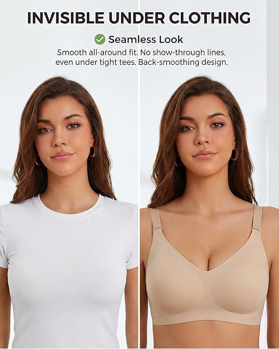 Finetoo Jelly Bras for Women Wireless Bra V Neck Seamless Push Up Full Coverage Bralette Tshirt Everyday Bra S-3XL