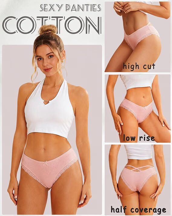 Finetoo Womens Cotton Underwear Sexy Lace Trim Bikini Ladies Cheeky Panties 12 Pack