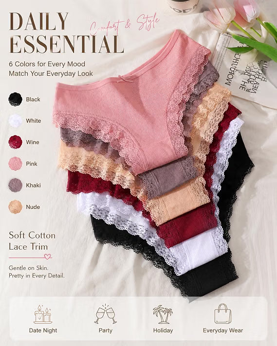 Finetoo Womens Cotton Underwear Sexy Lace Trim Bikini Ladies Cheeky Panties 12 Pack